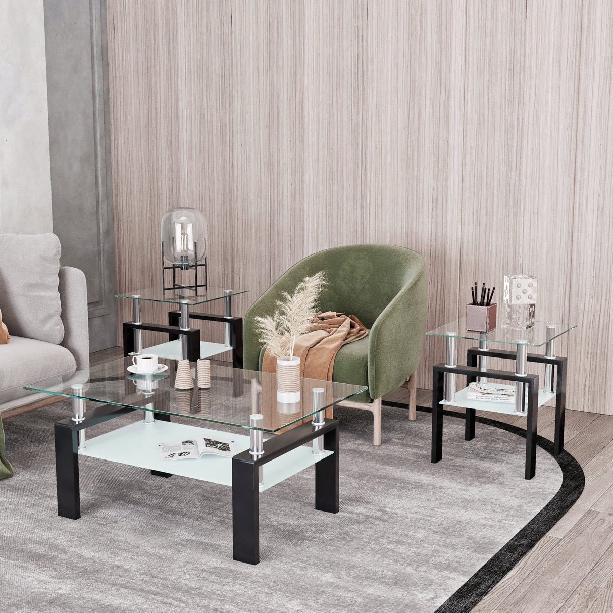 Set of 2, Modern Tempered Glass Tea Table Coffee Table End Table, Square Table for Living Room, Transparent/Black - V.I.P Digital Presence