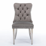 High end tufted solid wood velvet soft cushion dining chair chrome plated leg nail decoration gray and chrome two-piece set