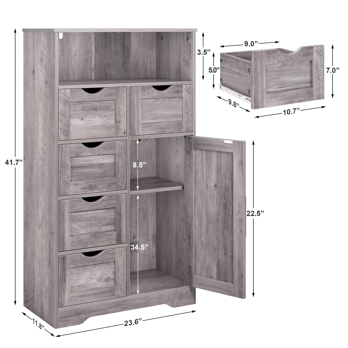 5 Drawers Storage Cabinet with Adjustable Shelves, Bathroom Cabinet with Doors, Floor Cabinet for Living Room Grey - V.I.P Digital Presence