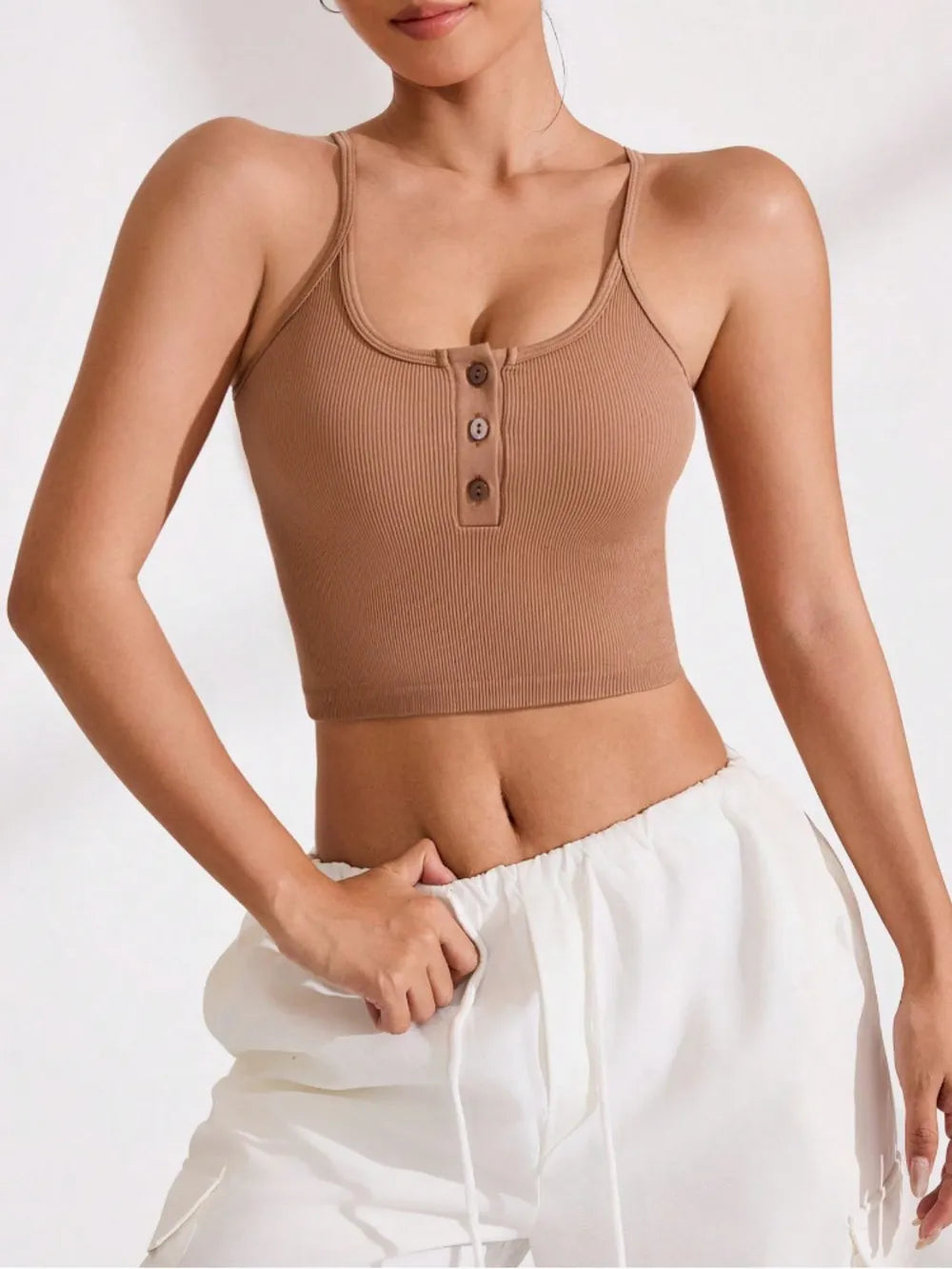 Ribbed Half Button Cropped Active Cami - V.I.P Digital Presence