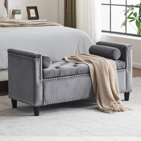 Storage Bench, 44.5-Inch Queen Velvet Button Bedside Bench, Entryway Living Room with Armrests, Nailhead Trim Gray - V.I.P Digital Presence