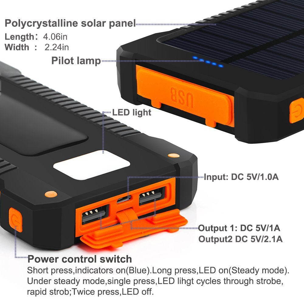For Smartphone with LED Light Solar Power Bank Waterproof 20000mAh Charger 2 USB Ports External Charger Powerbank - V.I.P Digital Presence