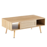 41.34" Rattan Coffee table sliding door for storage solid wood legs Modern table for living room  natural - V.I.P Digital Presence