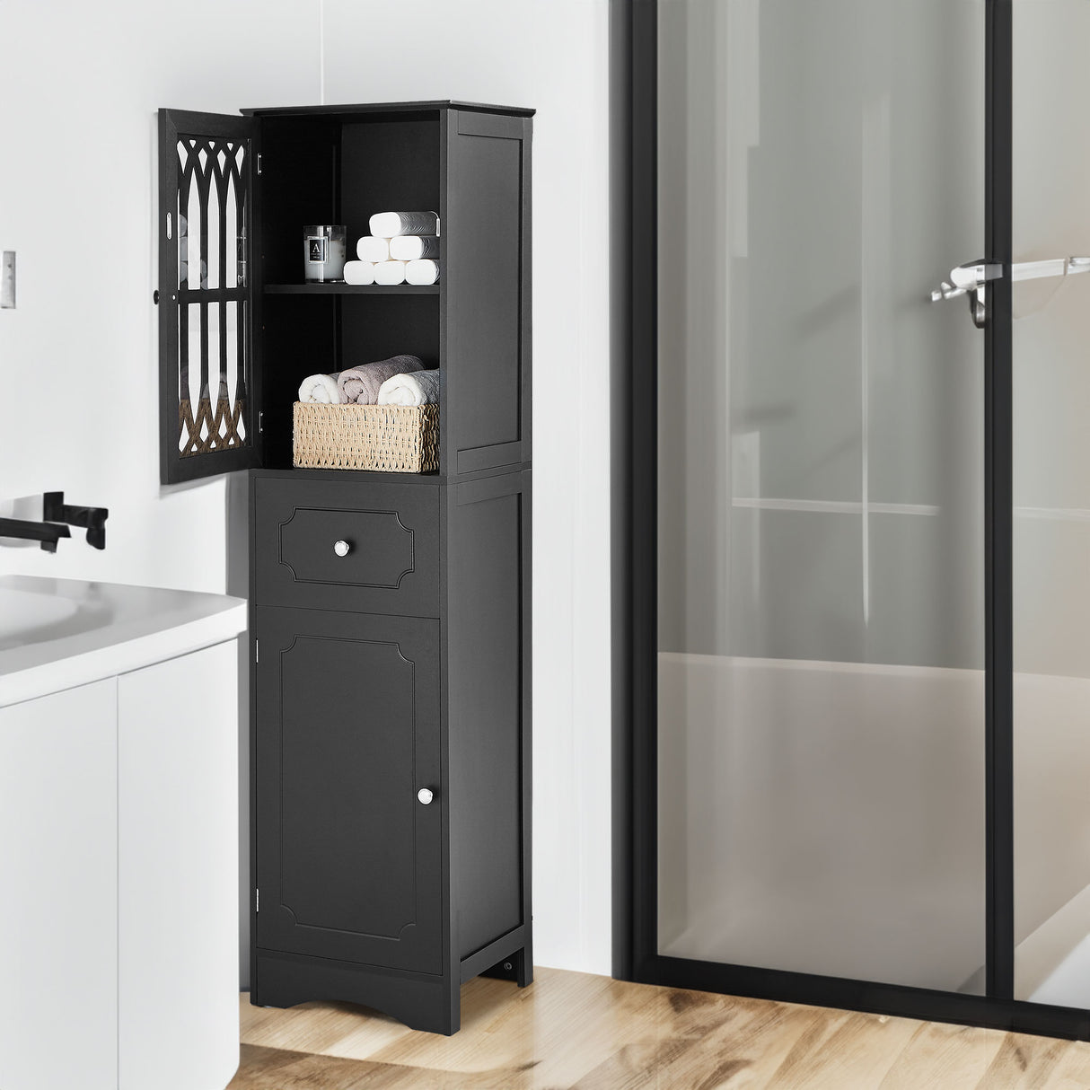 Tall Bathroom Cabinet, Freestanding Storage Cabinet with Drawer and Doors, MDF Board, Acrylic Door, Adjustable Shelf, Black - V.I.P Digital Presence