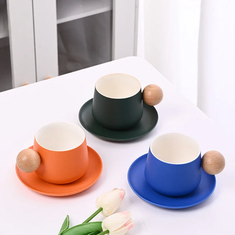 Ceramic Coffee Cup and Saucer Set Espresso Cups Light Luxury Wooden Handle Afternoon Tea Mug Female Original Mugs Couple Gifts - V.I.P Digital Presence