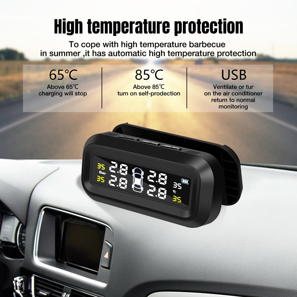 Smart Car TPMS Tire Pressure Monitoring System Solar Power Digital TMPS LCD Display USB Auto Security Alarm Tire Pressure Sensor - V.I.P Digital Presence