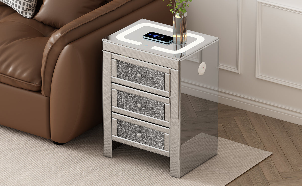 U-Can 15.7 "W silver rectangular mirror coffee table with wireless and USB charging function, LED lights, crystal style handle - V.I.P Digital Presence