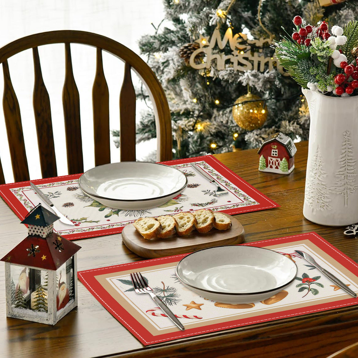 Christmas tree bell print placemat red striped plaid linen table mat Christmas party decoration insulation mat - V.I.P Digital Presence