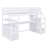 Twin Size Loft Bed with Desk and Shelves  Two Built-in Drawers  Storage Staircase White
