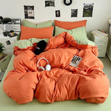 Washed Cotton Solid Color Double Spliced Four-Piece Bedding Set - Sheet, Quilt Cover, Pillowcases for Employee and Dormitory Use