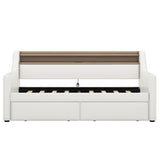 Twin Size Daybed with Drawers, Upholstered Daybed with Charging Station and LED Lights, White - V.I.P Digital Presence
