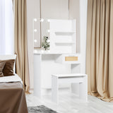 Vanity Desk Set Stool & Dressing Table with LED Lighting Mirror Drawer and Wood Cosmetic Table Chest of Drawers White Color - V.I.P Digital Presence