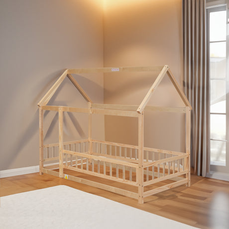Twin Size Floor Wooden Bed with House Roof Frame, Fence Guardrails - V.I.P Digital Presence