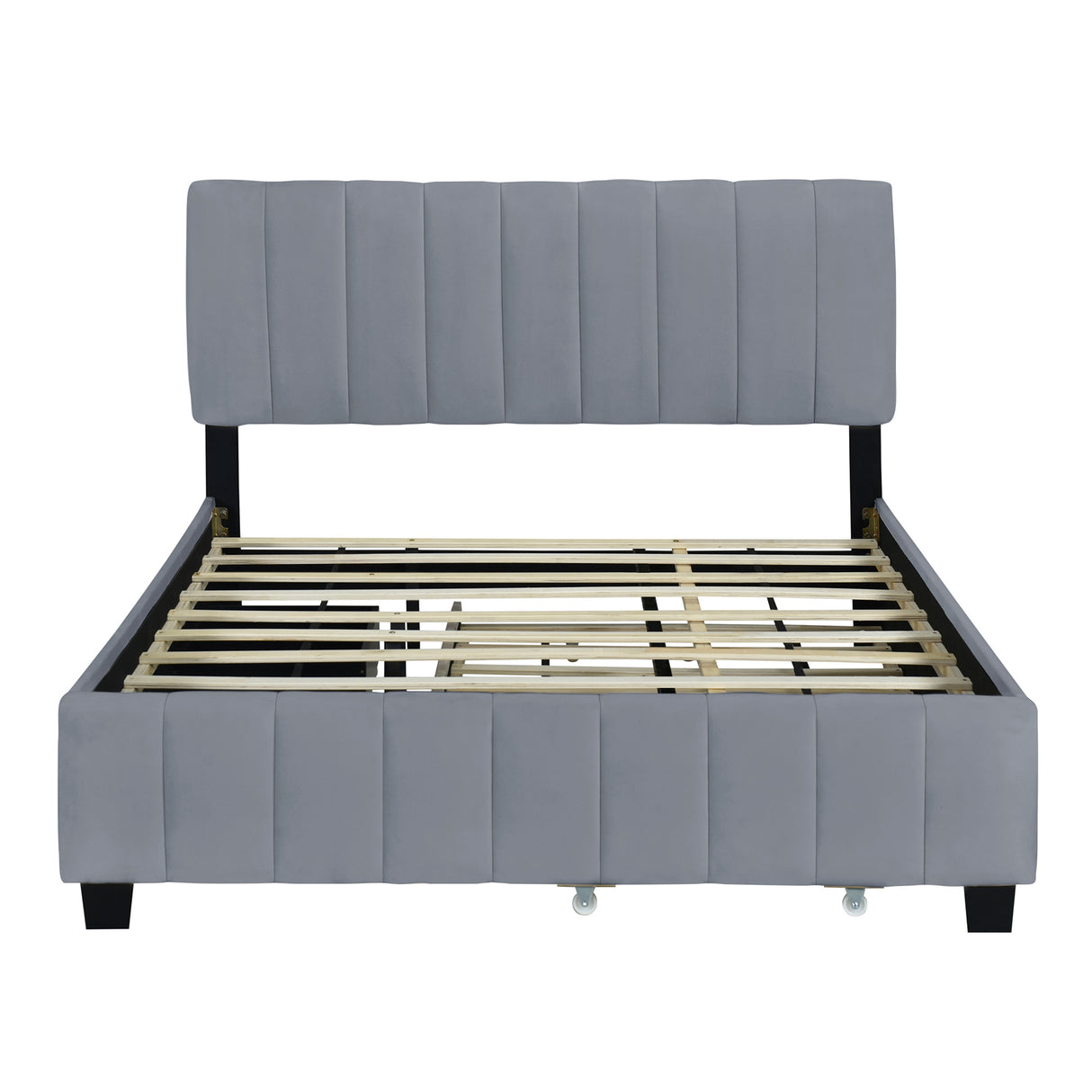 Queen Size Velvet Upholstered Platform Bed with 2 Drawers and 1 Twin XL Trundle- Gray - V.I.P Digital Presence