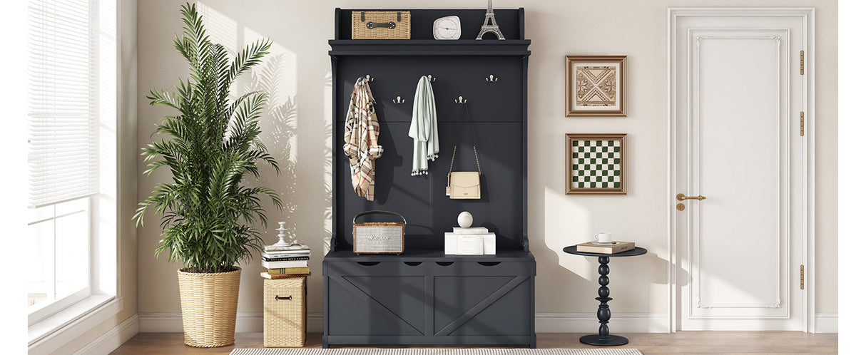 Hall tree with storage desk, entrance desk with drawers and 5 hooks, display rack, dark blue - V.I.P Digital Presence