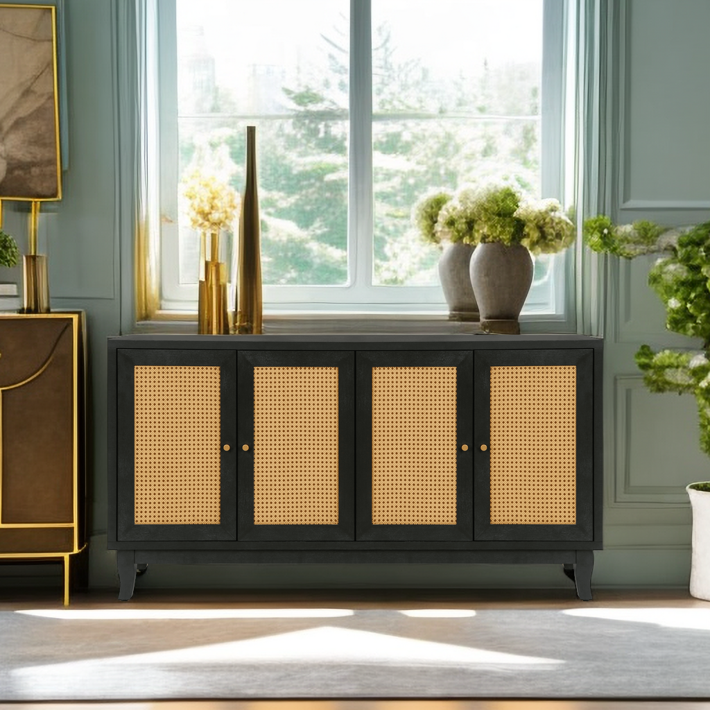 Handcrafted Premium Grain Panels Rattan Sideboard Buffer Cabinet Accent Storage Cabinet With 4 Rattan Doors BLACK - V.I.P Digital Presence