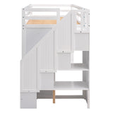 Functional Loft Bed with 3 Shelves, 2 Wardrobes and 2 Drawers, Ladder with Storage, No Box Spring Needed, White