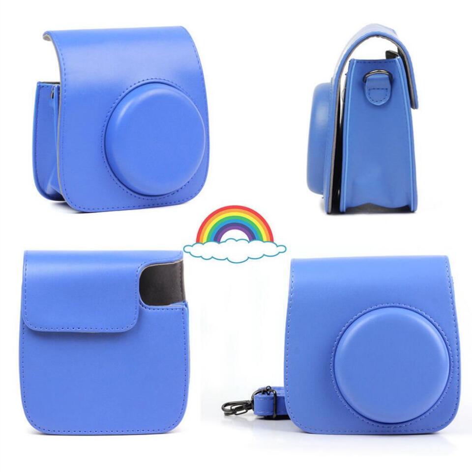 Estuche de cuero sintético para cámara Fujifilm Instax Mini 8 Mini 9, color negro, con correa para el hombro y cubierta de cristal transparente. 