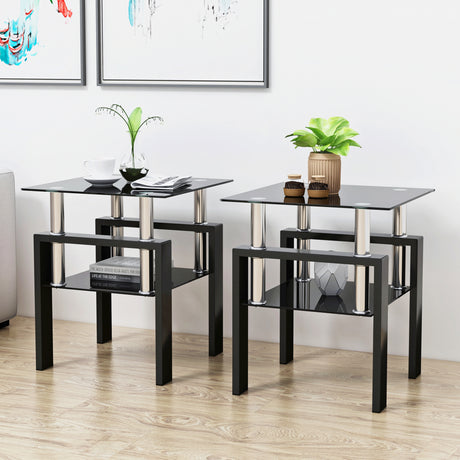 Set of 2, Modern Tempered Glass Tea Table Coffee Table End Table, Square Table for Living Room, Black - V.I.P Digital Presence
