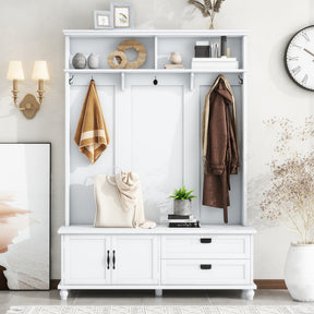 ON-TREND Modern Style Hall Tree with Storage Cabinet and 2 Large Drawers, Widen Mudroom Bench with 5 Coat Hooks, White - V.I.P Digital Presence