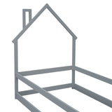 Twin Size Wood bed with House-shaped Headboard Floor bed with Fences,Grey - V.I.P Digital Presence
