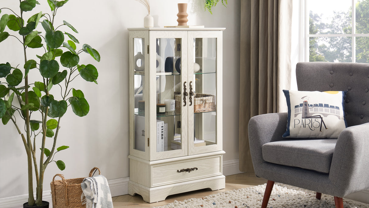 Light colored glass cabinet Curio display cabinet with adjustable glass frame, 2 doors and 1 drawer, including white light bulbs - V.I.P Digital Presence