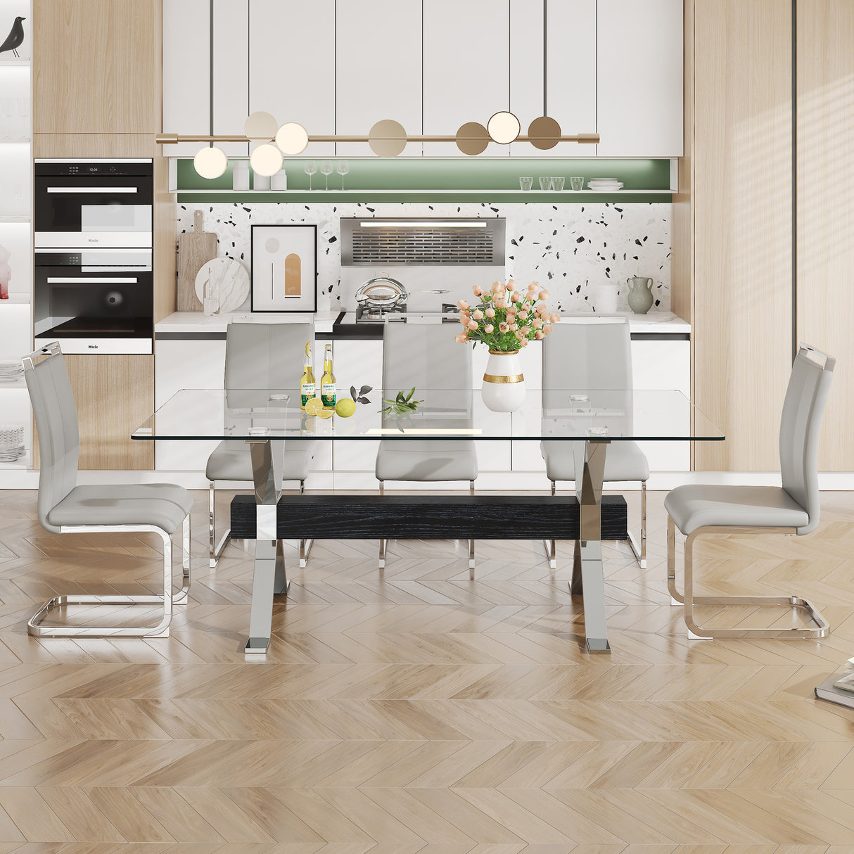 Dining table Modern tempered glass dining table Large modern office desk with silver plated metal legs and MDF crossbars - V.I.P Digital Presence
