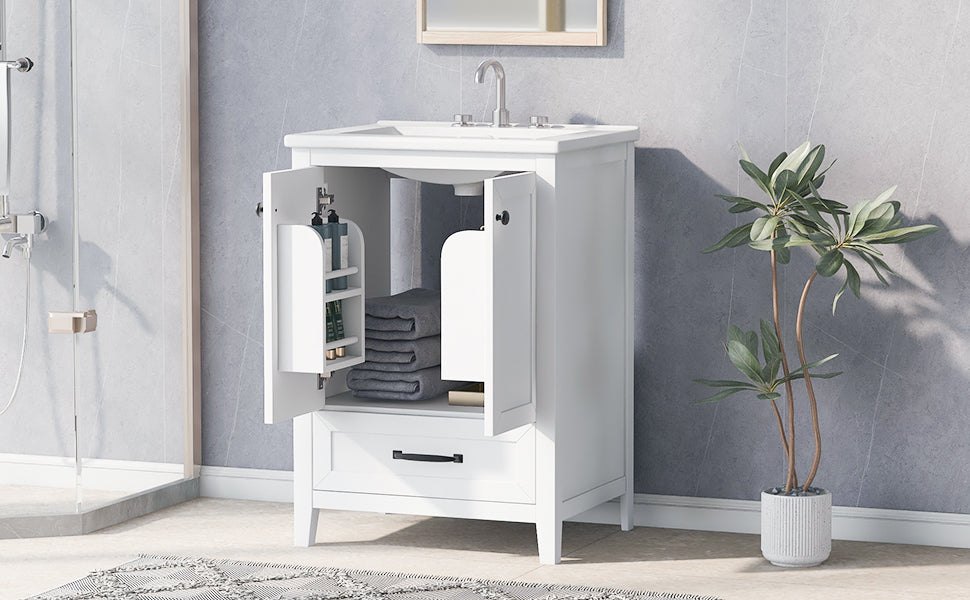 24" Bathroom Vanity with Sink, Bathroom Vanity Cabinet with One Drawer and Doors, Solid Wood and MDF, White - V.I.P Digital Presence