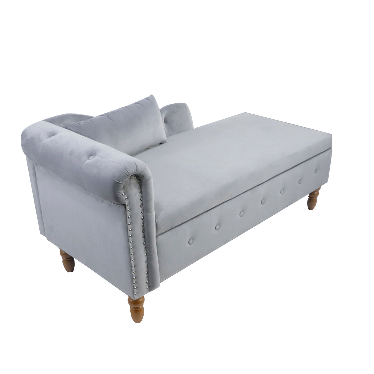 Grey Chaise Lounge Indoor Velvet Lounge Chair for Bedroom with Storage & Pillow Modern Upholstered Rolled Arm Chase Lounge - V.I.P Digital Presence