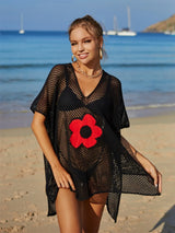 Openwork Flower V-Neck Short Sleeve Cover Up - V.I.P Digital Presence