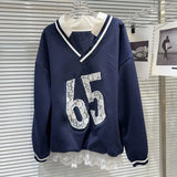 Autumn New Fashion Women's Set V-neck Digital Pattern Embroidered Hoodie Elastic Waist Lace Edge Shorts - V.I.P Digital Presence