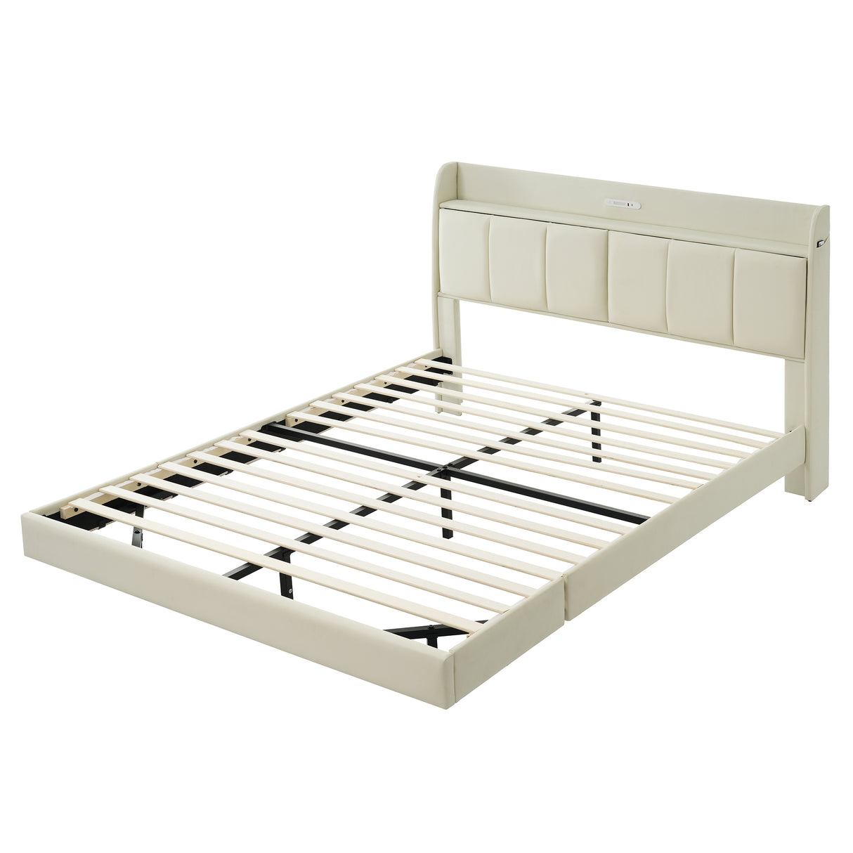 Large floating bed frame with storage headboard, touch sensor, night light and USB charger, padded platform bed, beige color - V.I.P Digital Presence