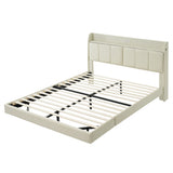 Large floating bed frame with storage headboard, touch sensor, night light and USB charger, padded platform bed, beige color - V.I.P Digital Presence