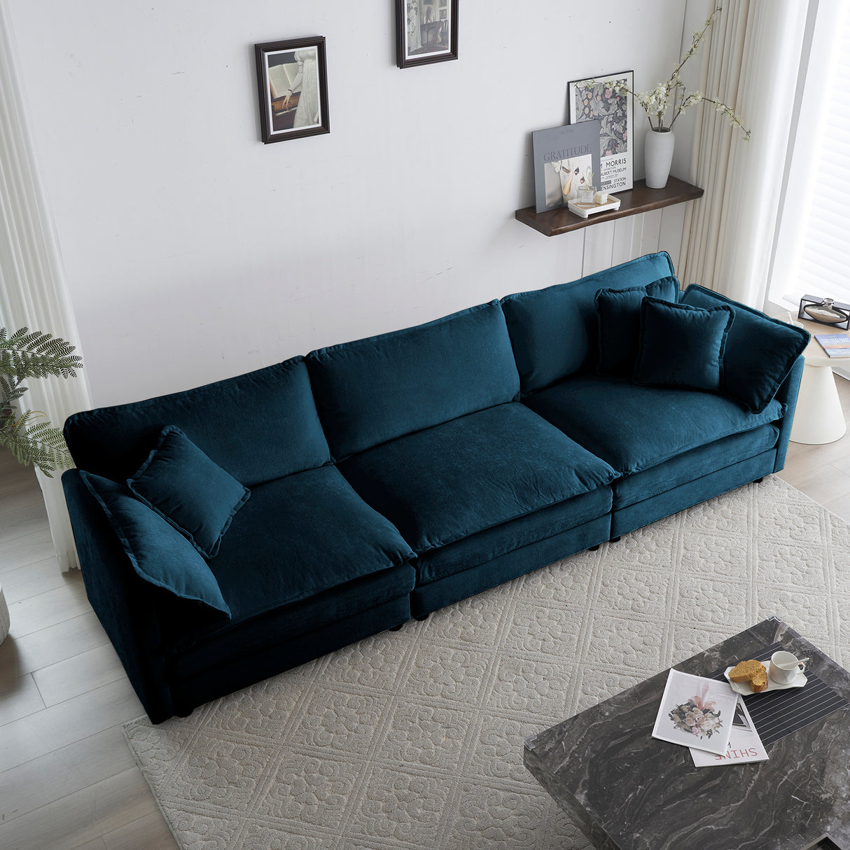 Mid-Century Modern Couch 3-Seater Sofa with 2 Armrest Pillows and 3 Toss Pillows, Couch for Living Room Blue Chenille - V.I.P Digital Presence