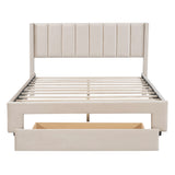 Queen Size Storage Bed Velvet Upholstered Platform Bed with a Big Drawer - Beige - V.I.P Digital Presence