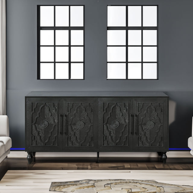 Carved Flower Door Large Storage Cabinet With Metal Handle Suitable For Living Room, Kitchen, Entryway(BLACK) - V.I.P Digital Presence