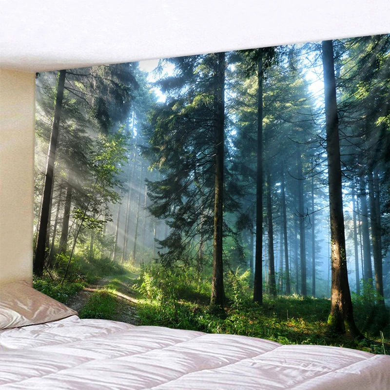 Hermoso tapiz de pared grande con estampado de bosque natural, decoración artística de pared 