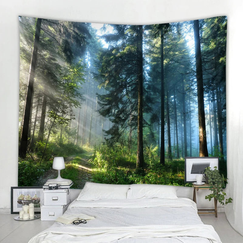 Hermoso tapiz de pared grande con estampado de bosque natural, decoración artística de pared 
