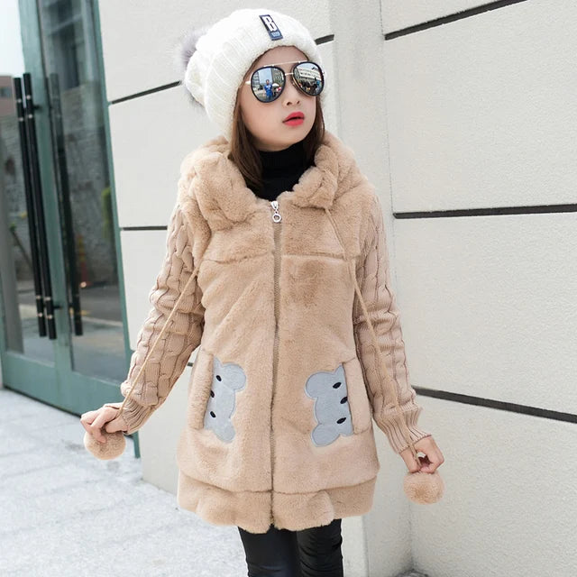 Precioso osito, ropa de invierno para niñas, abrigo de piel sintética de forro polar, chaqueta cálida, traje de nieve para Navidad, ropa de abrigo para niños, parka