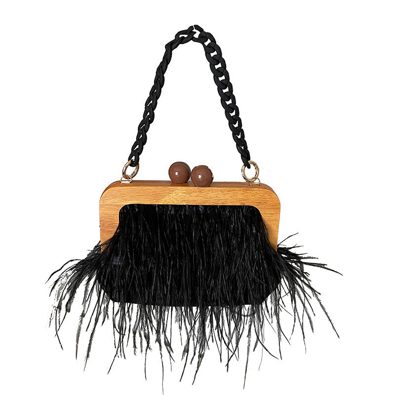 Acrylic Chain Hairy Banquet Bag Hairy Shoulder Underarm Bag Camel Bird Hair Wooden Frame Handbag for Women - V.I.P Digital Presence