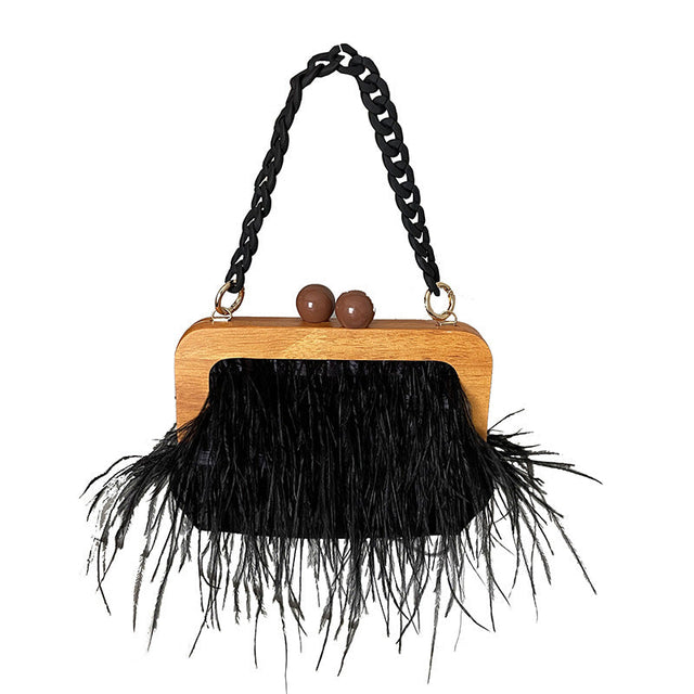 Acrylic Chain Hairy Banquet Bag Hairy Shoulder Underarm Bag Camel Bird Hair Wooden Frame Handbag for Women - V.I.P Digital Presence