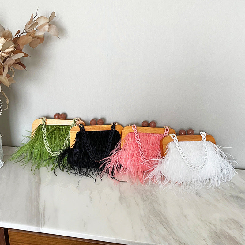 Acrylic Chain Hairy Banquet Bag Hairy Shoulder Underarm Bag Camel Bird Hair Wooden Frame Handbag for Women - V.I.P Digital Presence