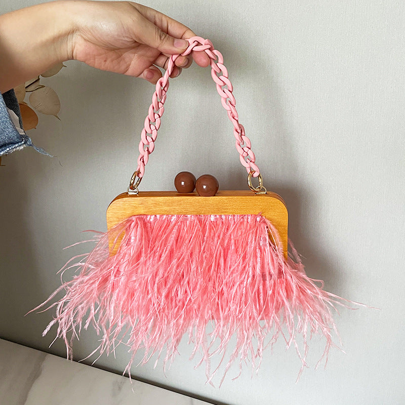 Acrylic Chain Hairy Banquet Bag Hairy Shoulder Underarm Bag Camel Bird Hair Wooden Frame Handbag for Women - V.I.P Digital Presence