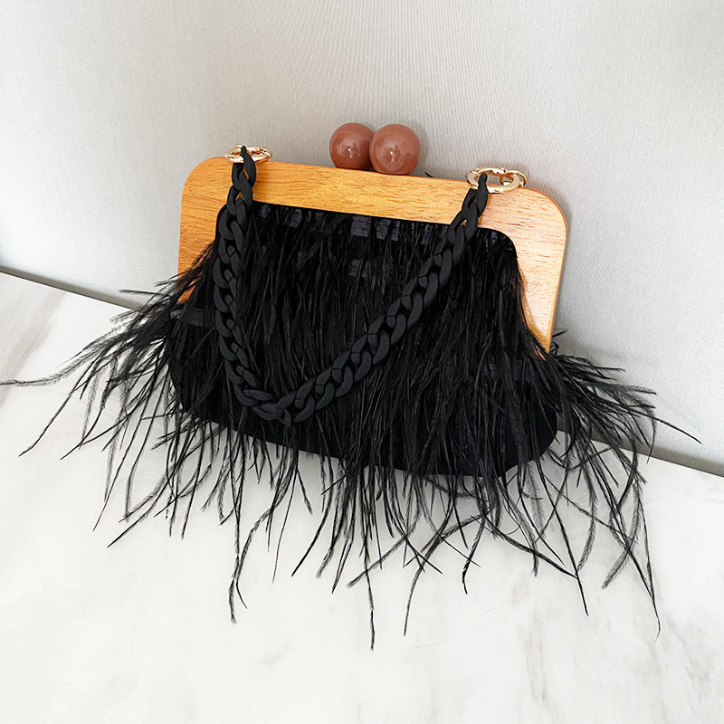 Acrylic Chain Hairy Banquet Bag Hairy Shoulder Underarm Bag Camel Bird Hair Wooden Frame Handbag for Women - V.I.P Digital Presence