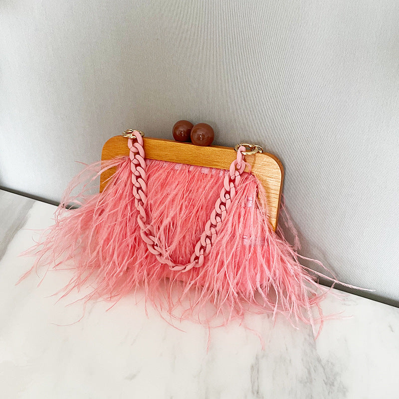Acrylic Chain Hairy Banquet Bag Hairy Shoulder Underarm Bag Camel Bird Hair Wooden Frame Handbag for Women - V.I.P Digital Presence