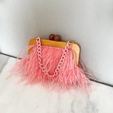 Acrylic Chain Hairy Banquet Bag Hairy Shoulder Underarm Bag Camel Bird Hair Wooden Frame Handbag for Women - V.I.P Digital Presence