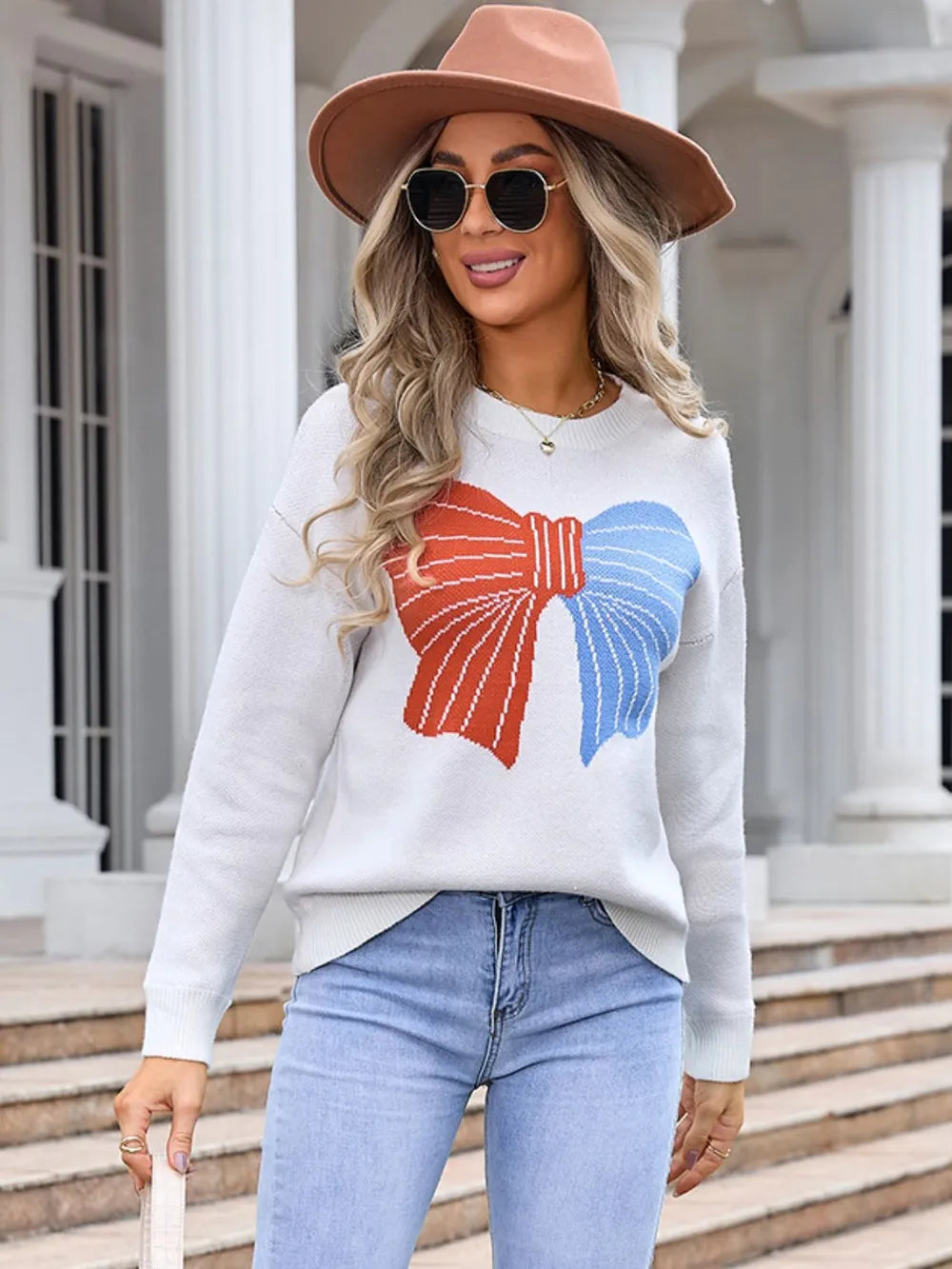 Angel Wings Bow Round Neck Dropped Shoulder Sweater - V.I.P Digital Presence