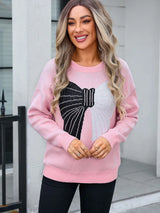 Angel Wings Bow Round Neck Dropped Shoulder Sweater - V.I.P Digital Presence