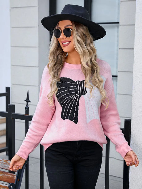 Angel Wings Bow Round Neck Dropped Shoulder Sweater - V.I.P Digital Presence