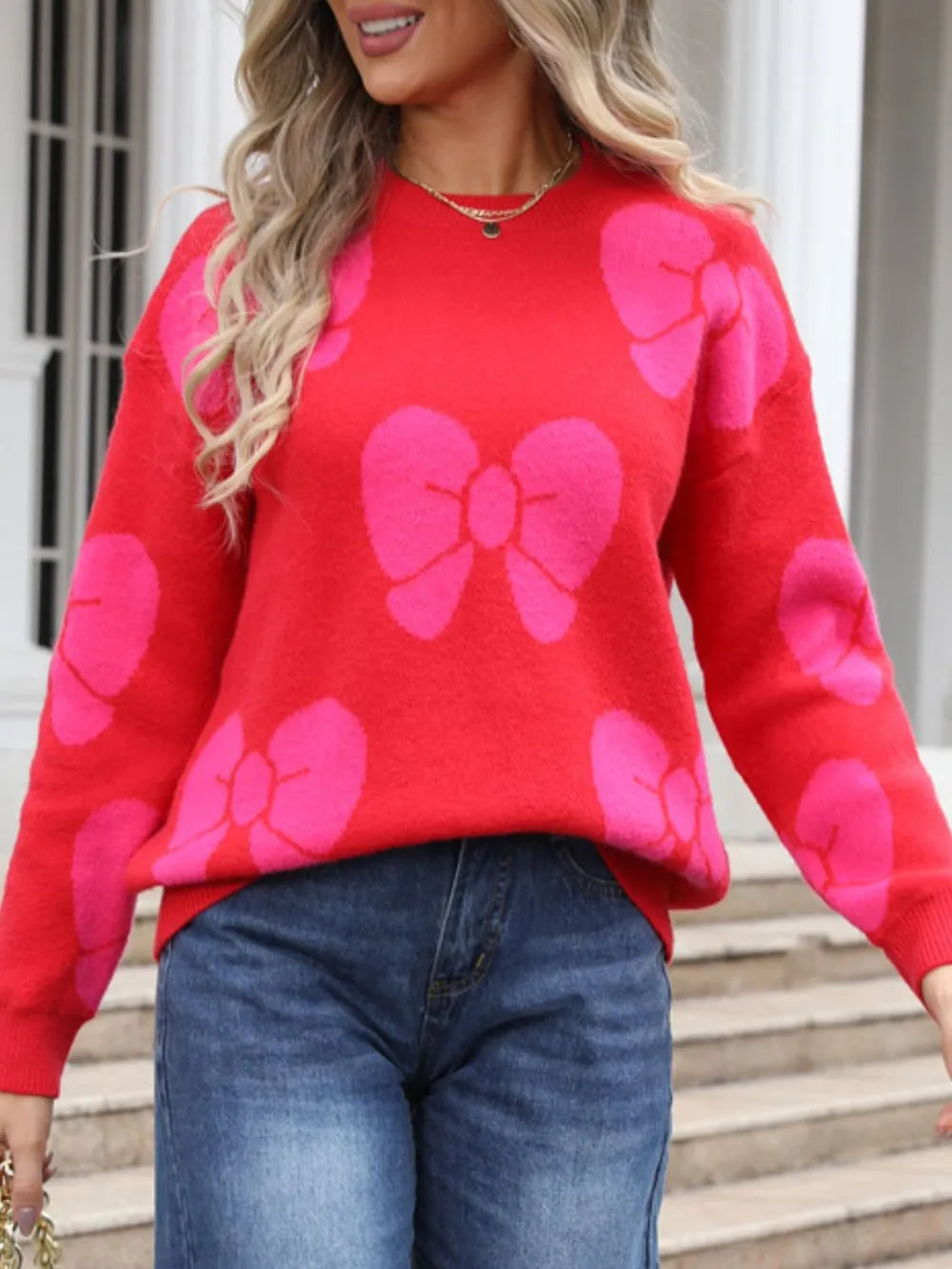 Angel Wings Bow Round Neck Dropped Shoulder Sweater - V.I.P Digital Presence